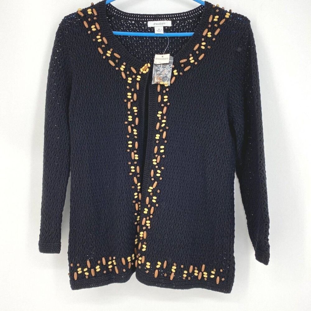 Dress Barn Women's Black Crochet Knit Cardigan 3/4 Sleeve‎ Beaded Size M
